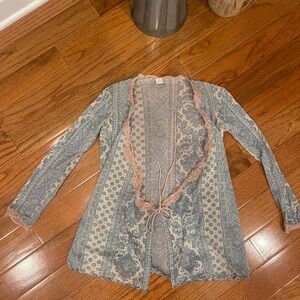 Anthropologie Only Hearts Helena Stuart Blue Cream lace vintage Sheer Cardigan